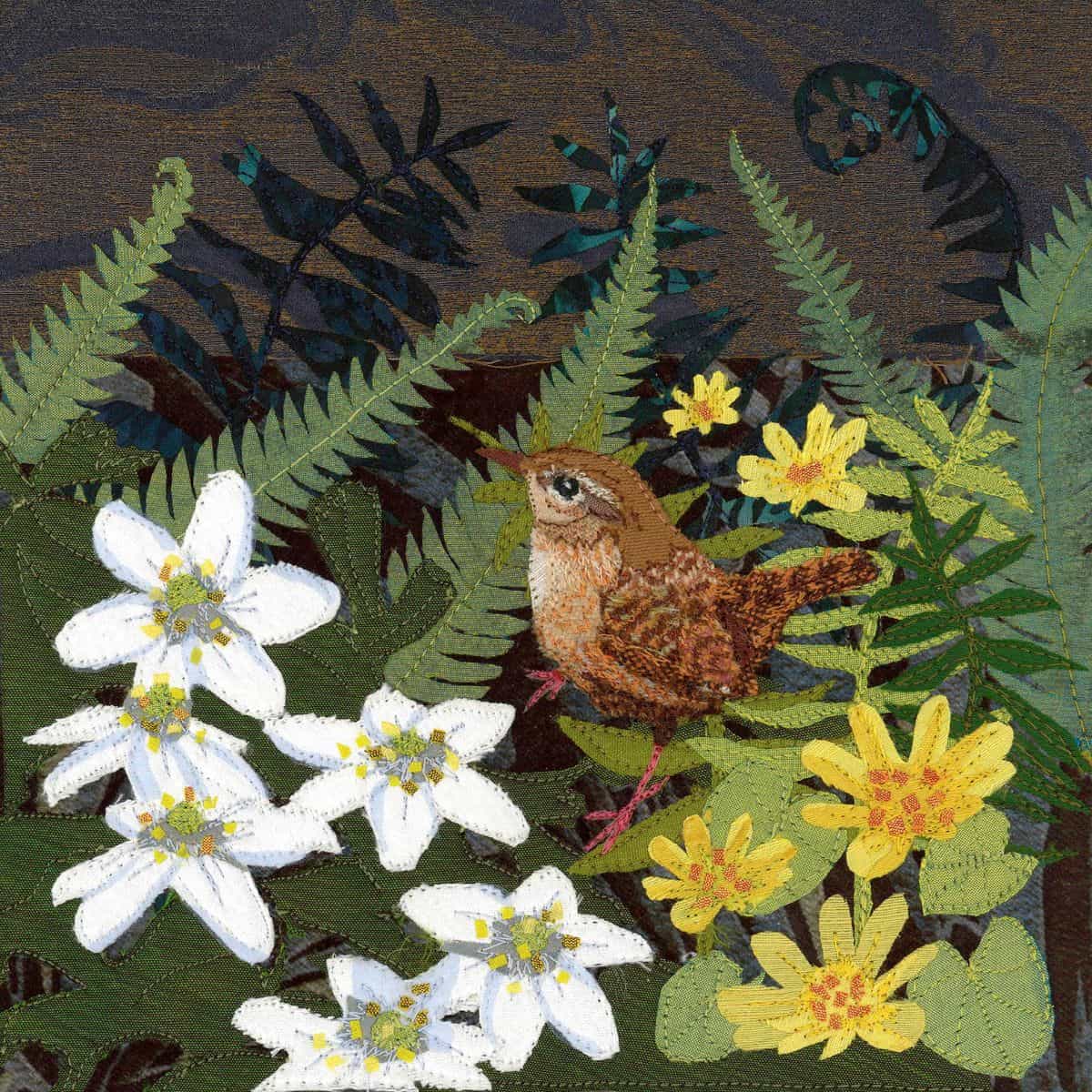 Colorful embroidery of a bird among tropical flowers and lush green foliage.