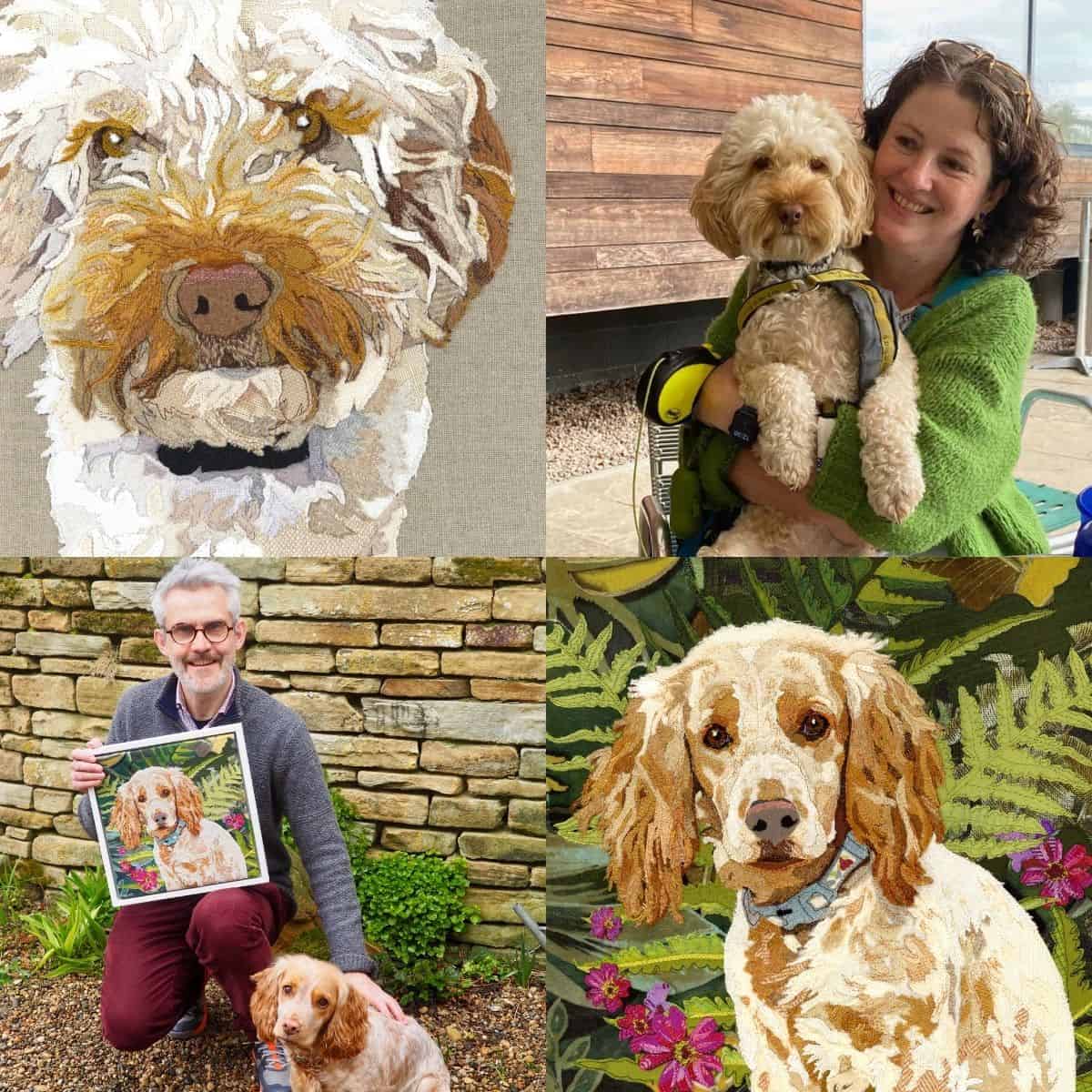 Snow-covered rural landscape with hay bales, winter sky, and a dog on a snowy path.
