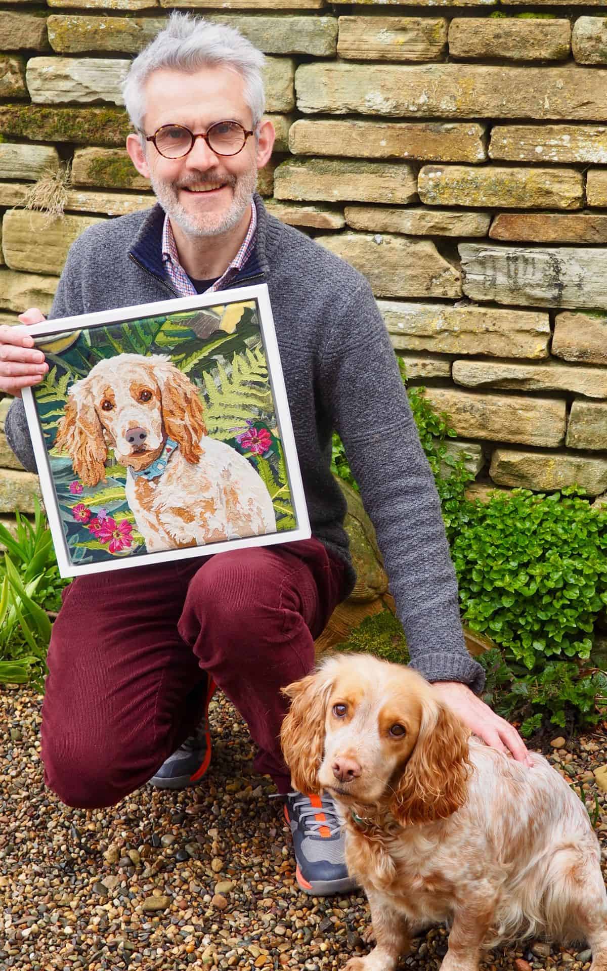Colorful embroidered dog portrait by Lisa Skelton Textiles, showcasing custom textile artwork.