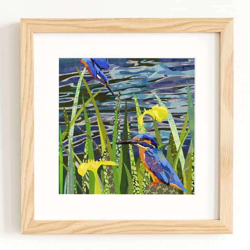 Vibrant kingfisher bird artwork in lush green wetland setting, framed wall decor.