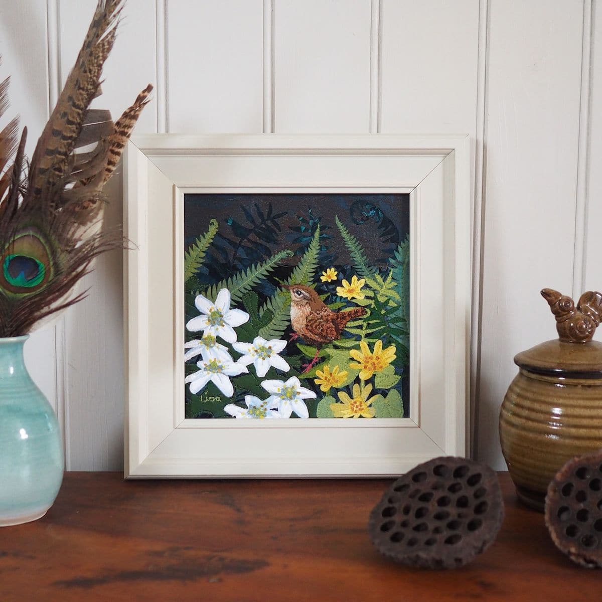 Colorful paper craft of a puppy with autumn leaves for textile art design.