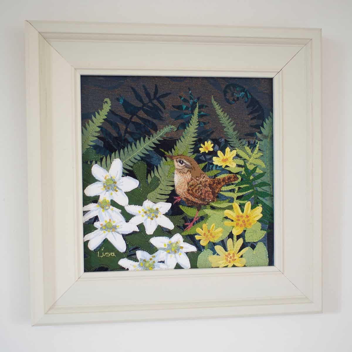 Vibrant hand-stitched dog tapestry textile art, detailed needlework featuring a Shiba Inu portrait.